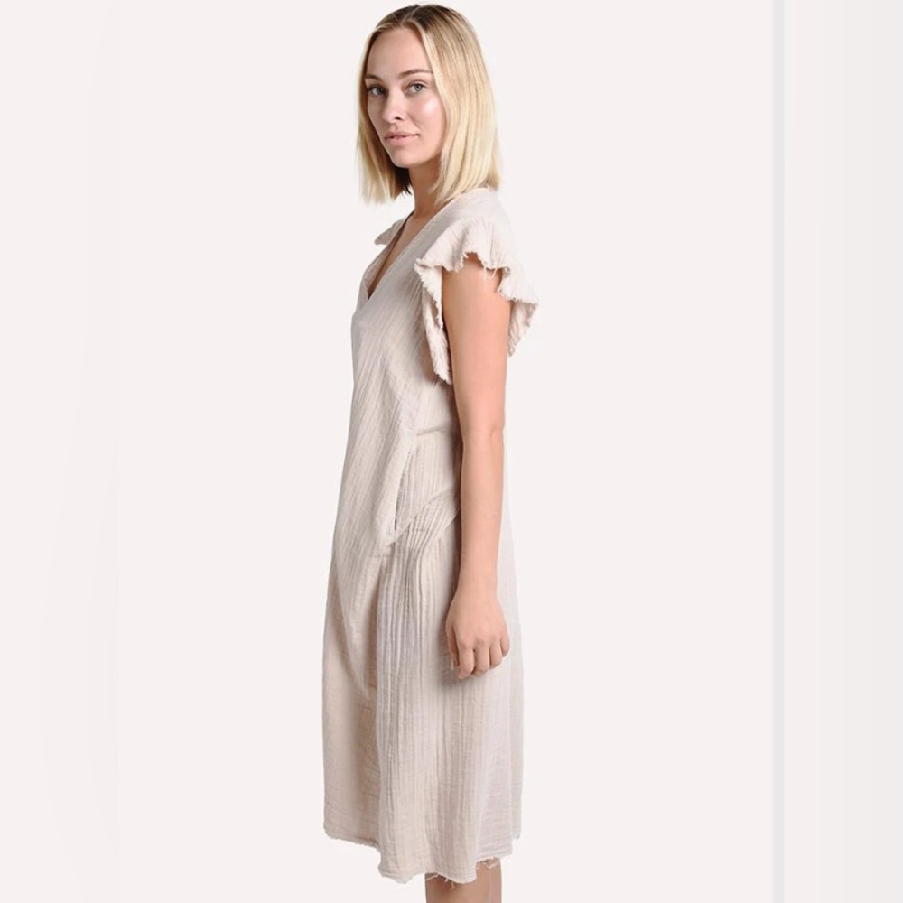 STARK X Women’s Cotton Ruffle Sleeve Dress Beige/Cream Boho Glam XS
